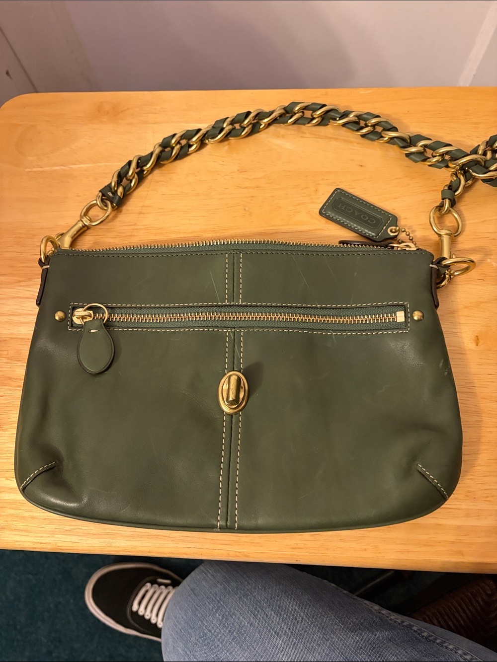 Coach Olive Green Leather Shoulder Bag with Gold Chain Strap